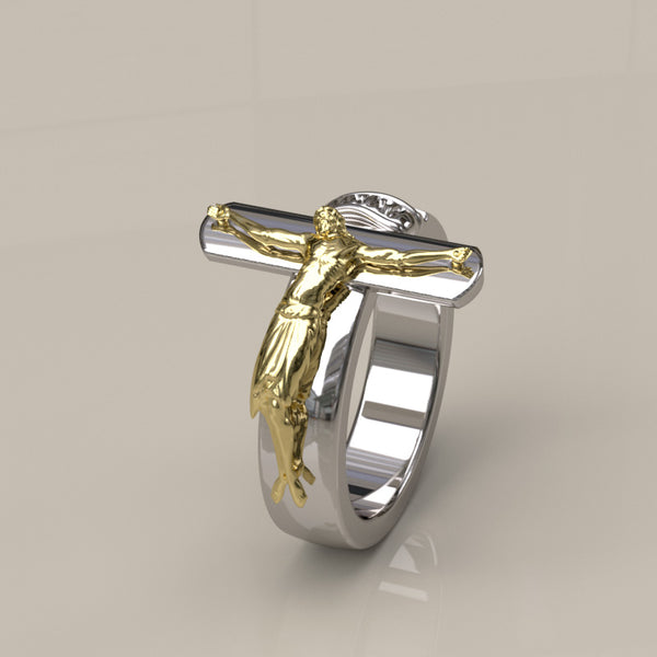 Two Tone Gold Crucifix Design Engagement/Wedding Ring - 27GG35